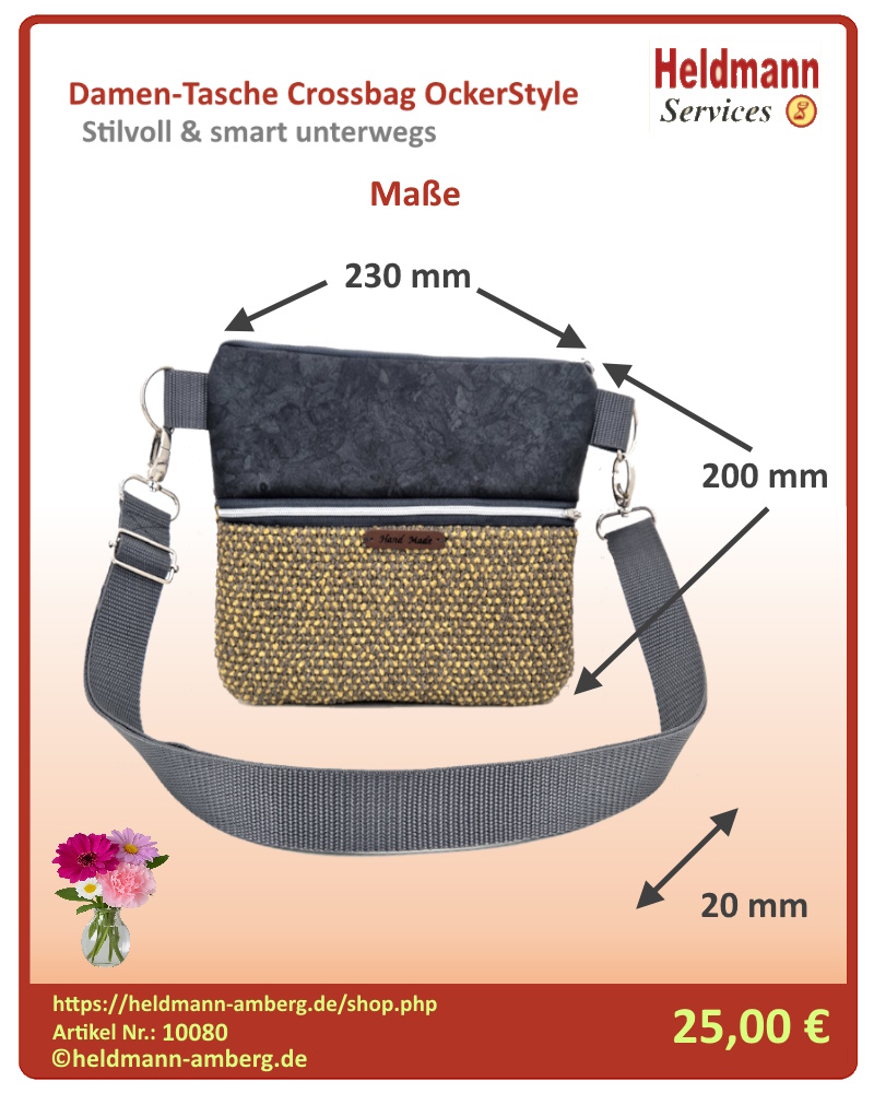 10080 Damen-Tasche Crossbag OckerStyle Maße