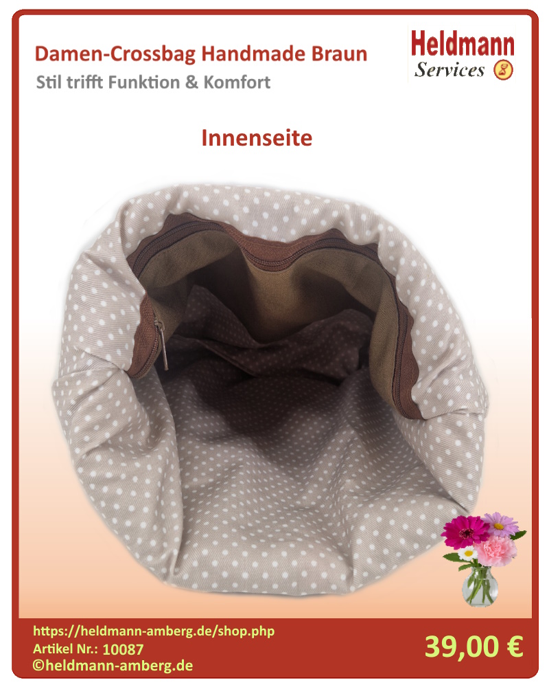 10087 Damen-Crossbag Handmade Braun Innenseite