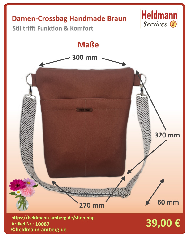 10087 Damen-Crossbag Handmade Braun Maße