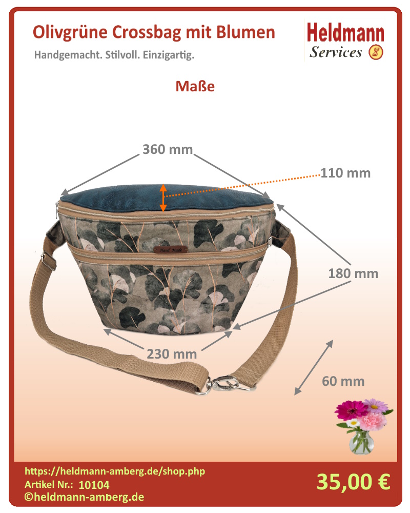 10104 Olivgrüne Crossbag mit Blumen Maße