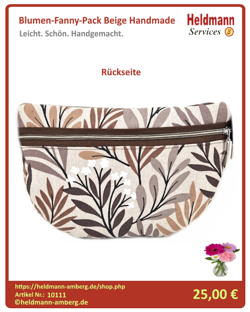 10111 Blumen-Fanny-Pack Beige Handmade Rückseite