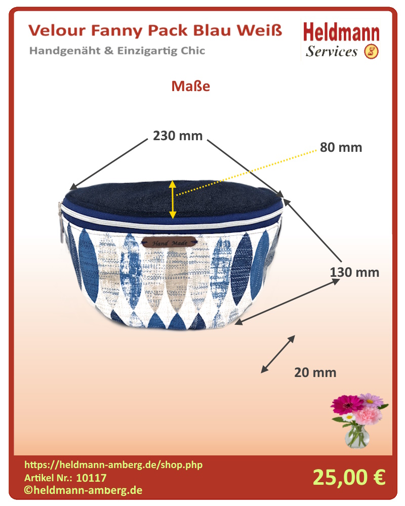 10117 Velour Fanny Pack Blau Weiß Maße