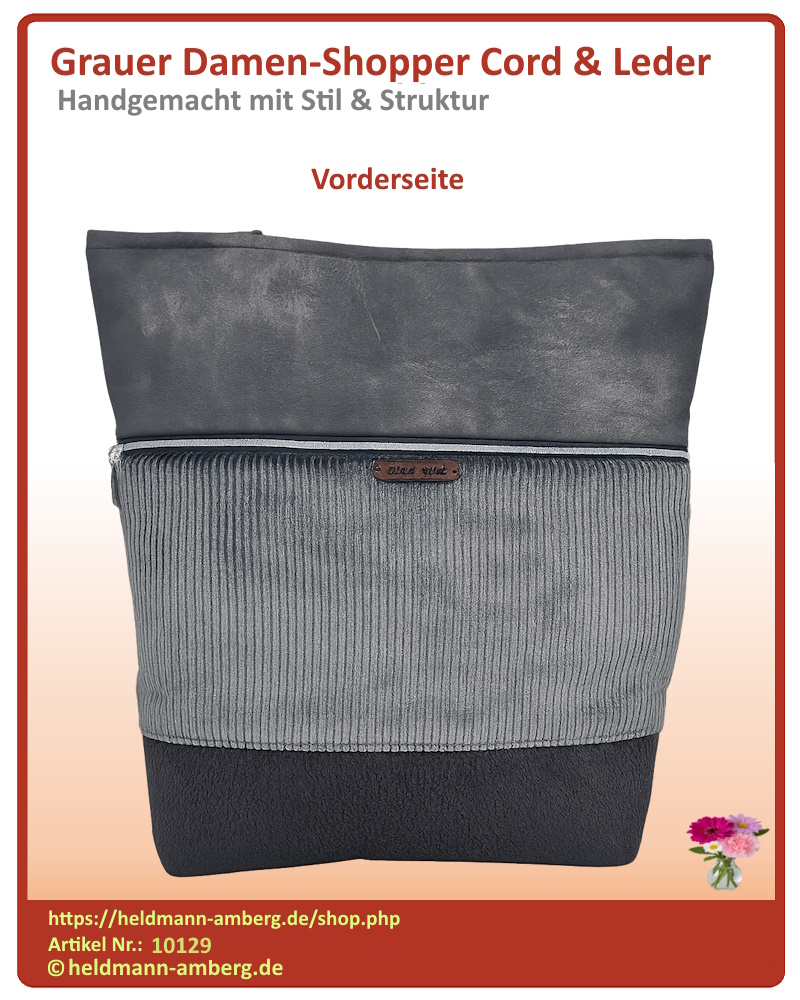 10129 Grauer Damen-Shopper Cord & Leder Vorderseite