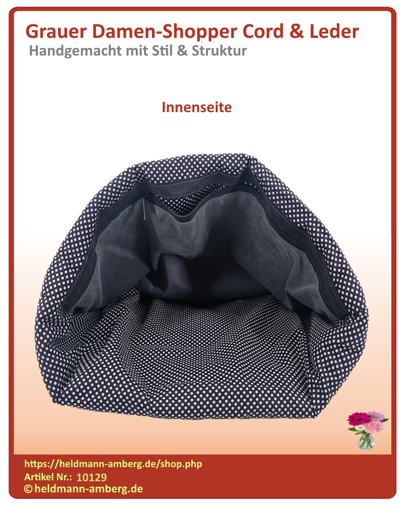 10129 Grauer Damen-Shopper Cord & Leder Innenseite