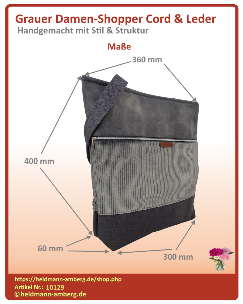 10129 Grauer Damen-Shopper Cord & Leder Maße