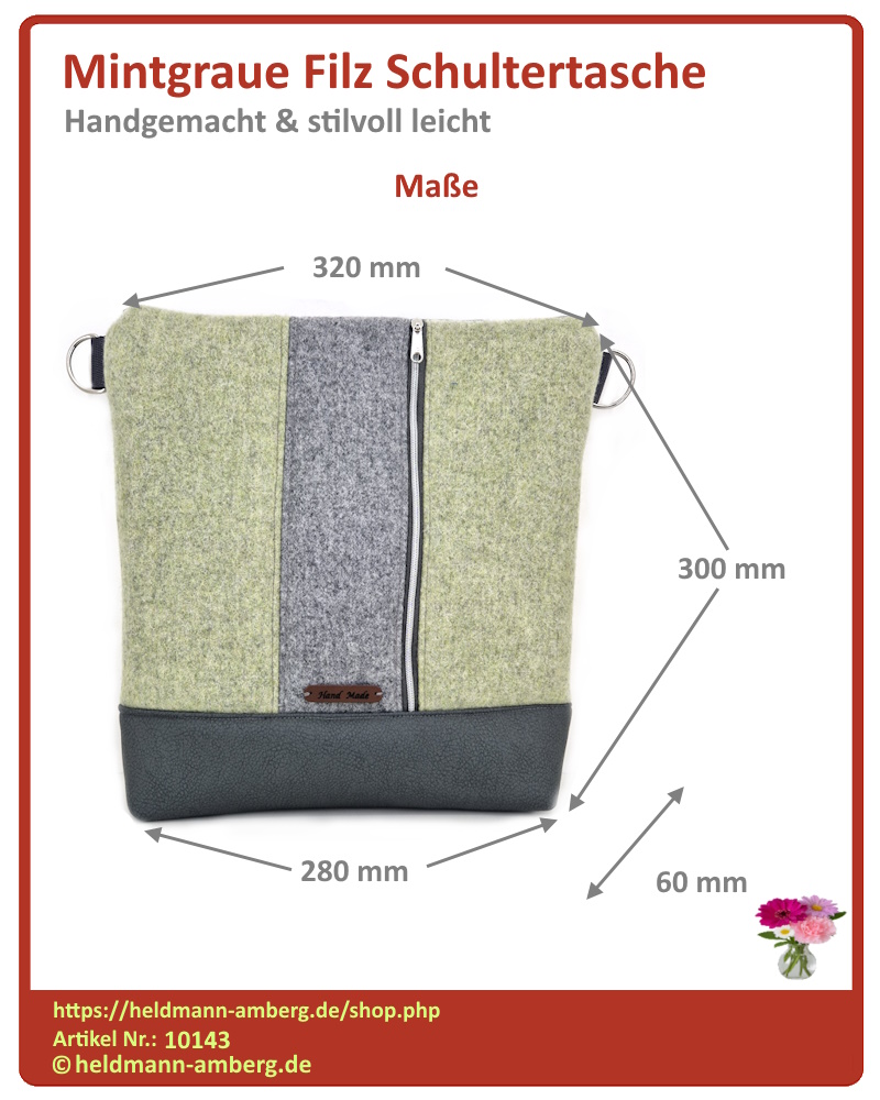 10143 Mintgraue Filz Schultertasche Maße