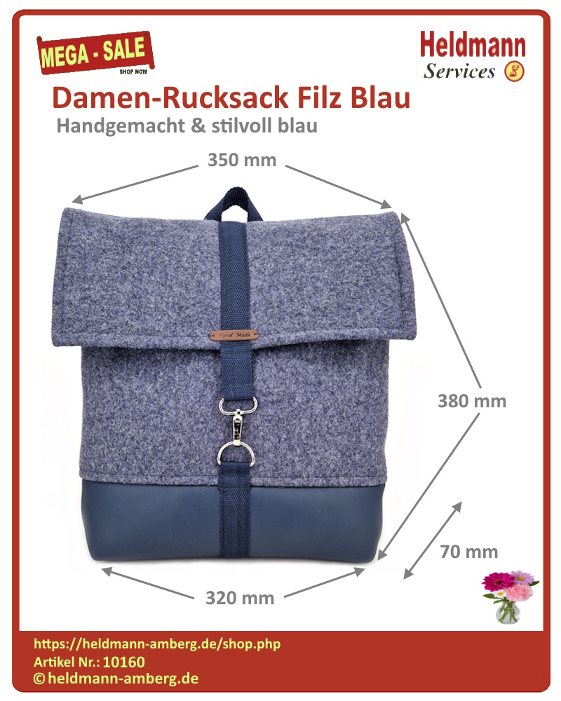 10160 Damen-Rucksack Filz Blau Maße