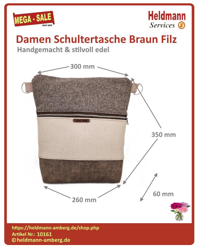 10161 Damen Schultertasche Braun Filz Maße